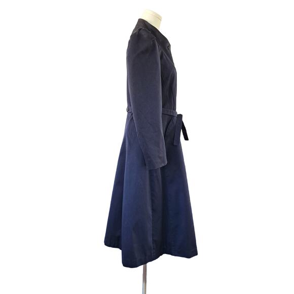 VINTAGE Princess Fit & Flare Midi Long Trench Coat Navy Puff Sleeve *fits small - Picture 6 of 13